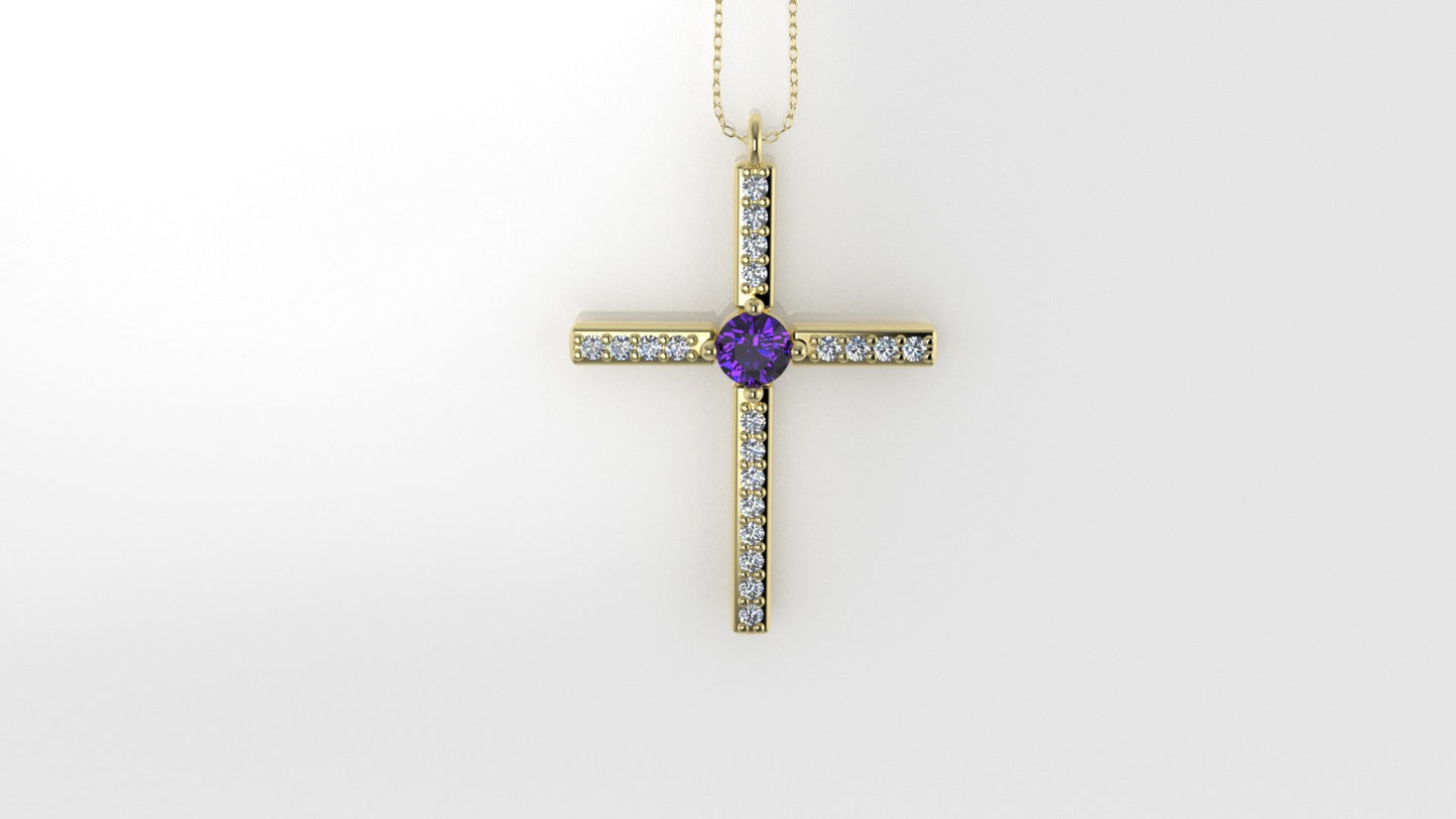 Gold Pendant with 20 Diamond 1mm VS1 each and 1 AMETHYST 3mm, Cross, Only Pendant