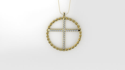 14K Pendant with 27 MOISSANITE VS1, "Cross with twisted circle", Only Pendant