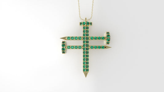 14K Pendant with 54 EMERALD 1mm each, Cross, Only Pendant, "crossed construction nails"