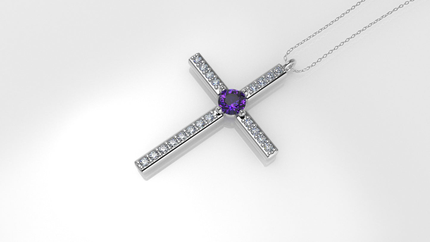 Gold Pendant with 20 Diamond 1mm VS1 each and 1 AMETHYST 3mm, Cross, Only Pendant