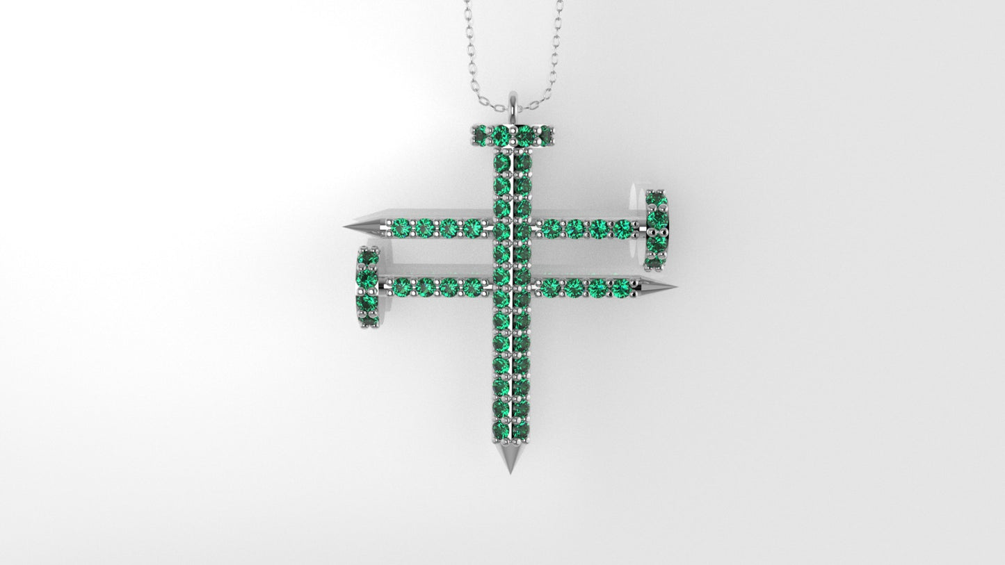 14K Pendant with 54 EMERALD 1mm each, Cross, Only Pendant, "crossed construction nails"