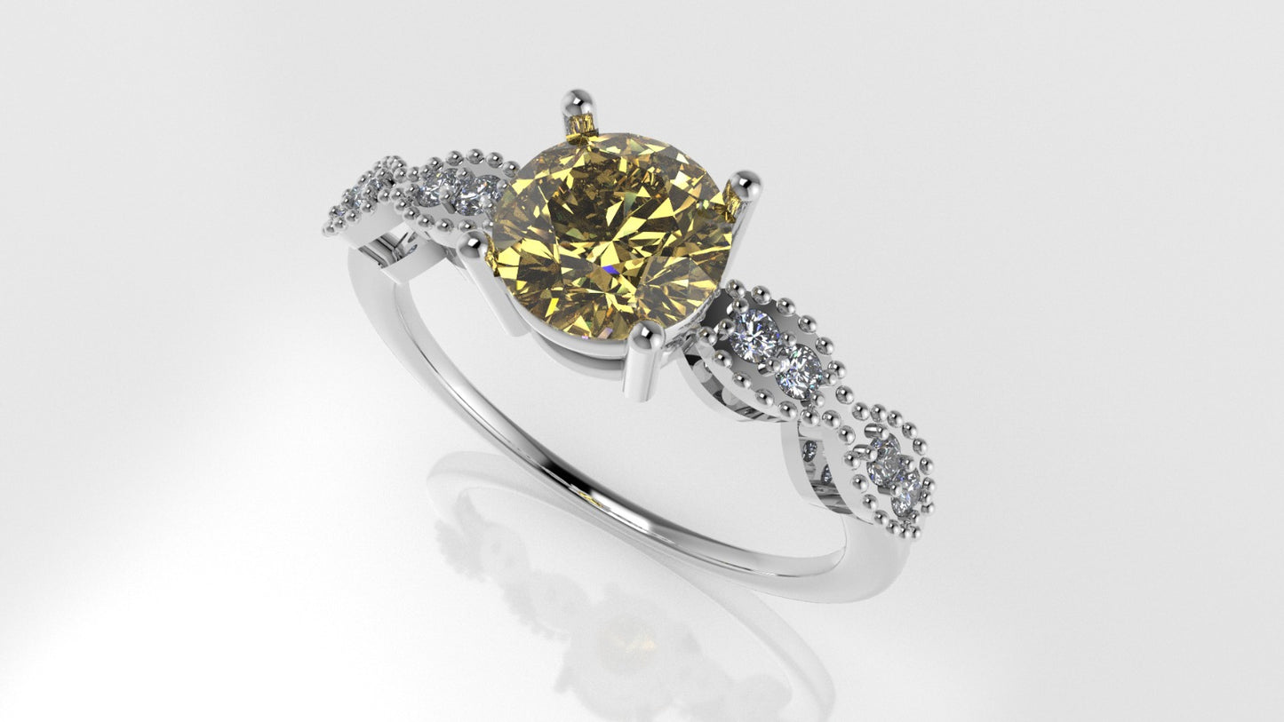 14K Solitaire Ring with 1 CITRINE 6.5mm and 8 DIAMONDS 1.5mm VS1, setting prongs, Filigree