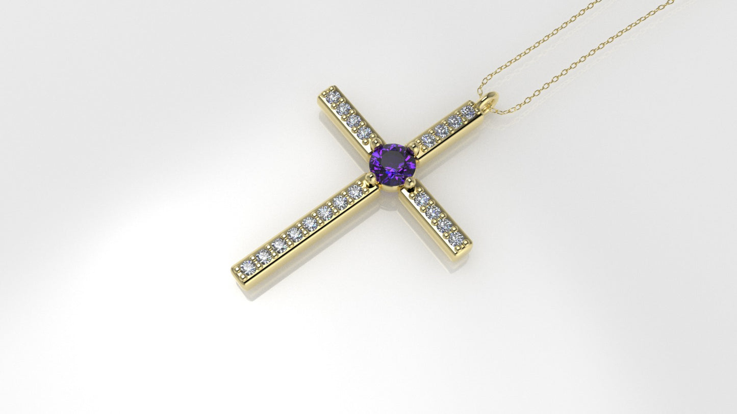 Gold Pendant with 20 Diamond 1mm VS1 each and 1 AMETHYST 3mm, Cross, Only Pendant