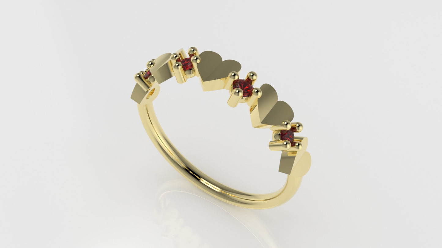 14K yellow gold band Ring with 4 RUBY 2mm each, "heart book style" "stt 4 prong"