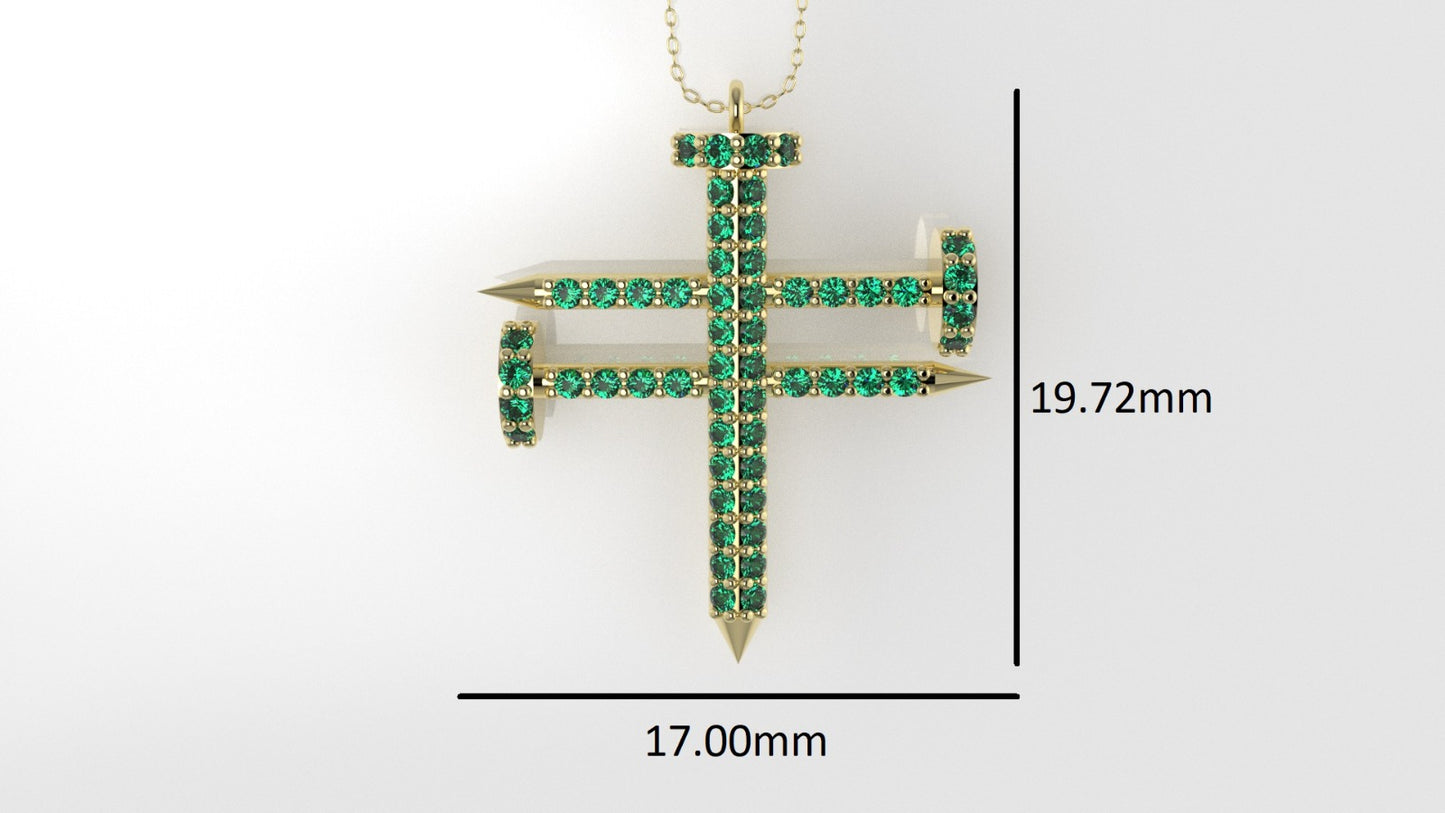 14K Pendant with 54 EMERALD 1mm each, Cross, Only Pendant, "crossed construction nails"