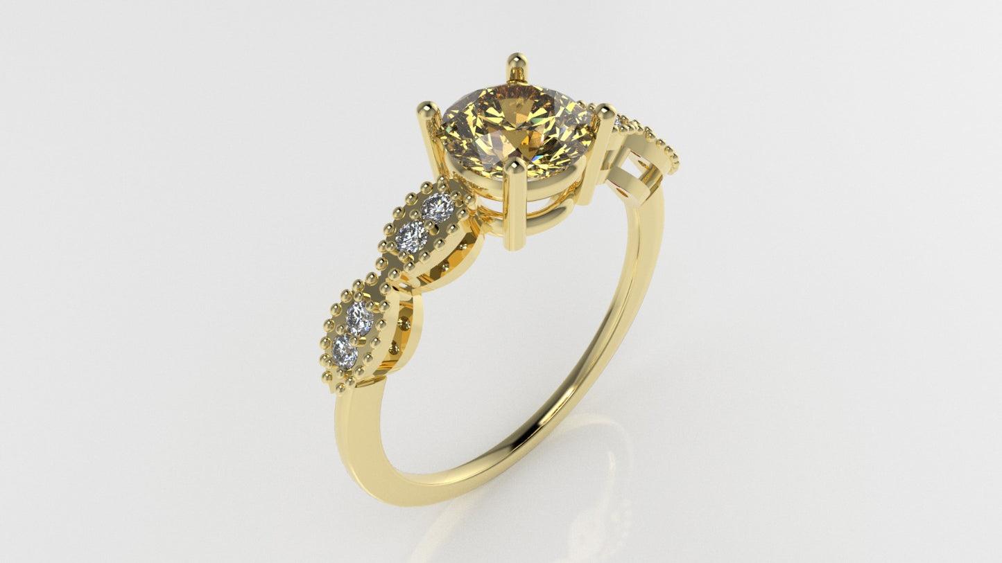 14K Solitaire Ring with 1 CITRINE 6.5mm and 8 DIAMONDS 1.5mm VS1, setting prongs, Filigree