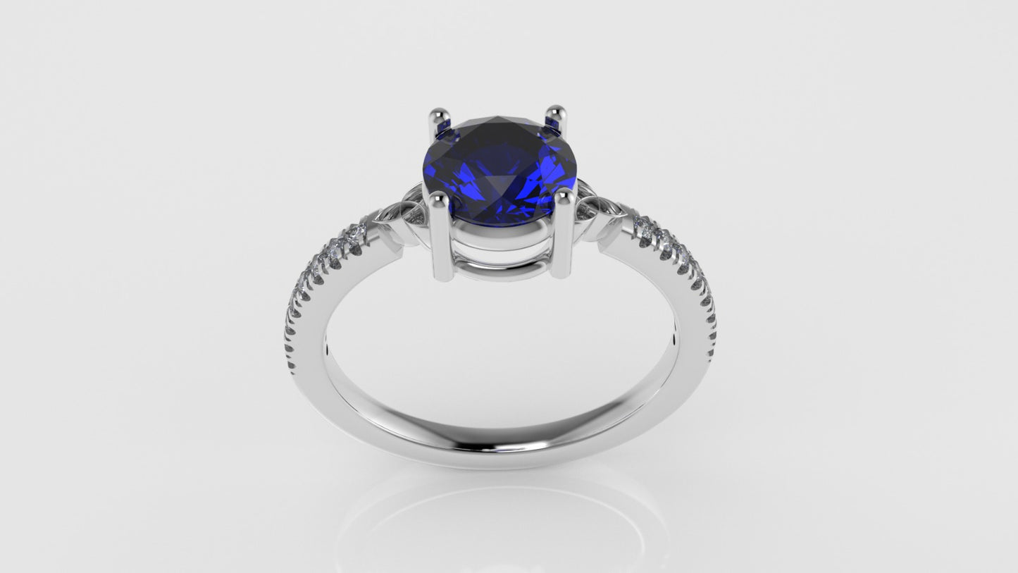 14K solitaire engagement Ring with 1 BLUE SAPPHIRE 6.5mm and 16 MOISSANITE 1.2mm VS1 each, stt prong, cut split