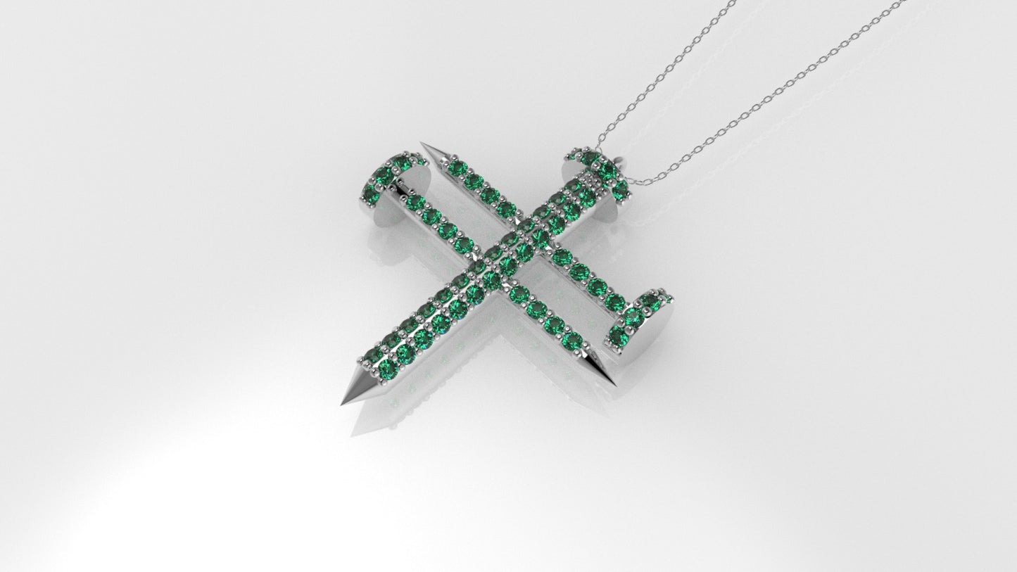 14K Pendant with 54 EMERALD 1mm each, Cross, Only Pendant, "crossed construction nails"