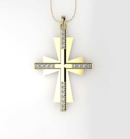 14K Pendant with 18 MOISSANITE VS1, "Cross Double with Prongs", Only Pendant