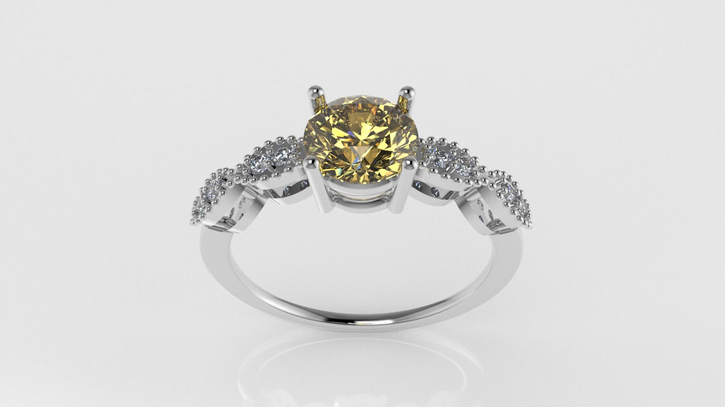 14K Solitaire Ring with 1 CITRINE 6.5mm and 8 DIAMONDS 1.5mm VS1, setting prongs, Filigree