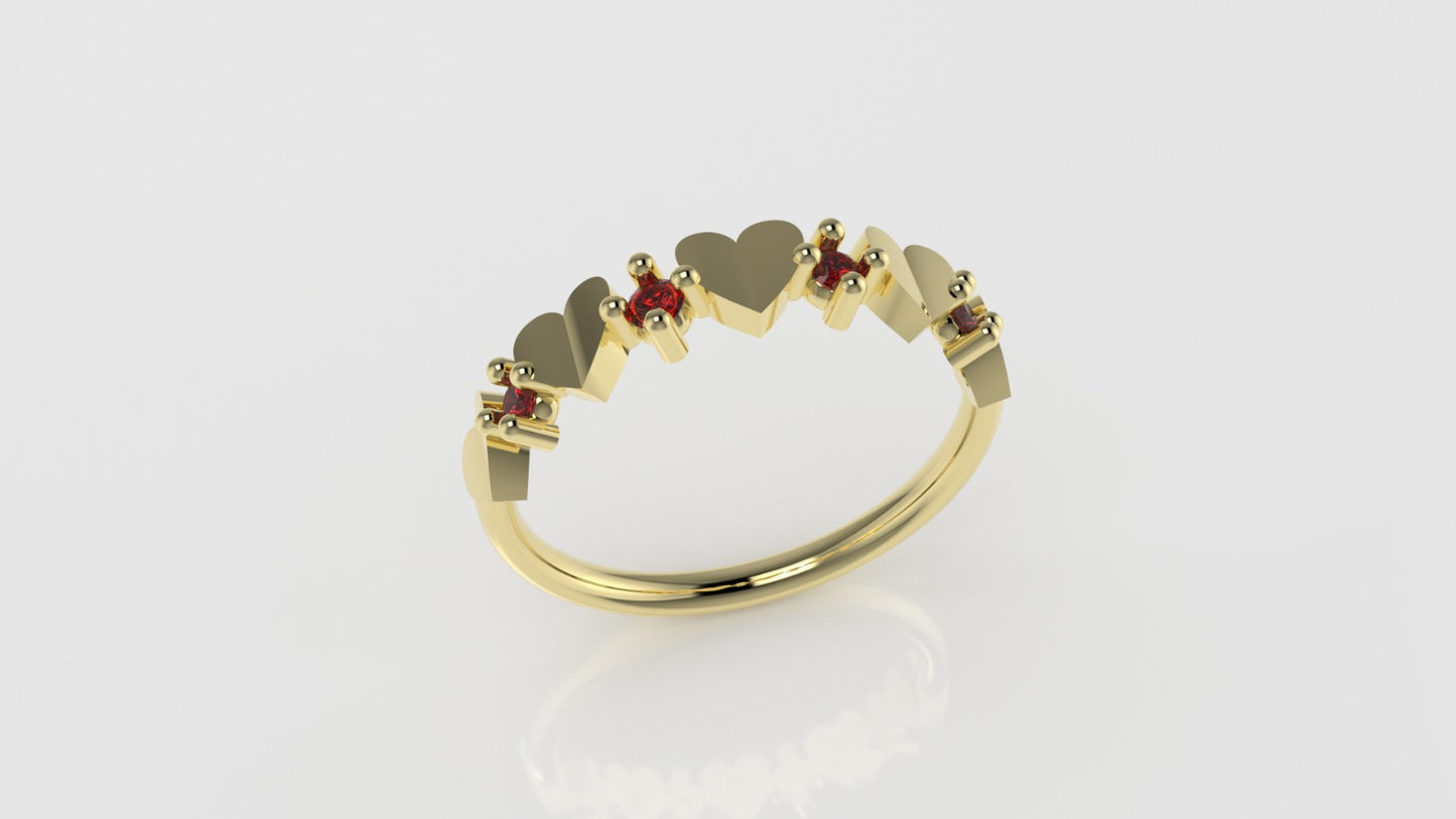 14K yellow gold band Ring with 4 RUBY 2mm each, "heart book style" "stt 4 prong"