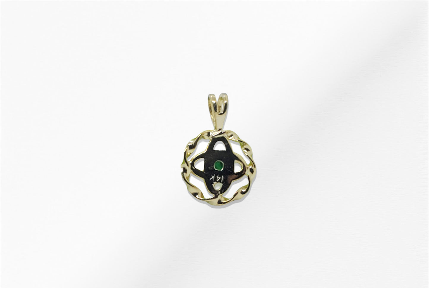 14K Gold Emerald Stone Oval Cross with Slim Twist Pendant