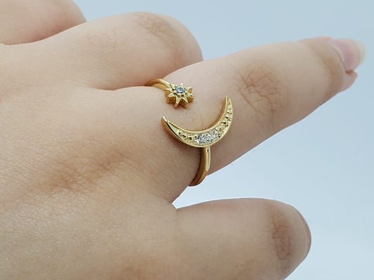 14k Yellow Gold Ring with Diamonds, moon and star style