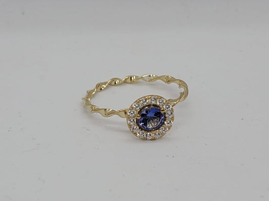 14k Yellow Gold Ring, Eternity Band, with Tanzanite Stone and 14 Moissanite