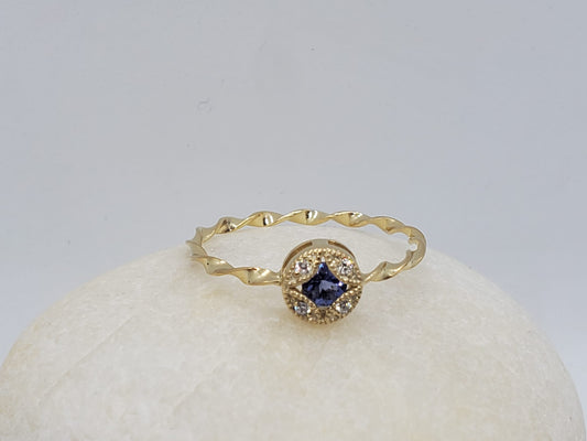 14k Yellow Gold Ring, Eternity Band, with Tanzanite Stone and 4 Moissanite 1.5mm