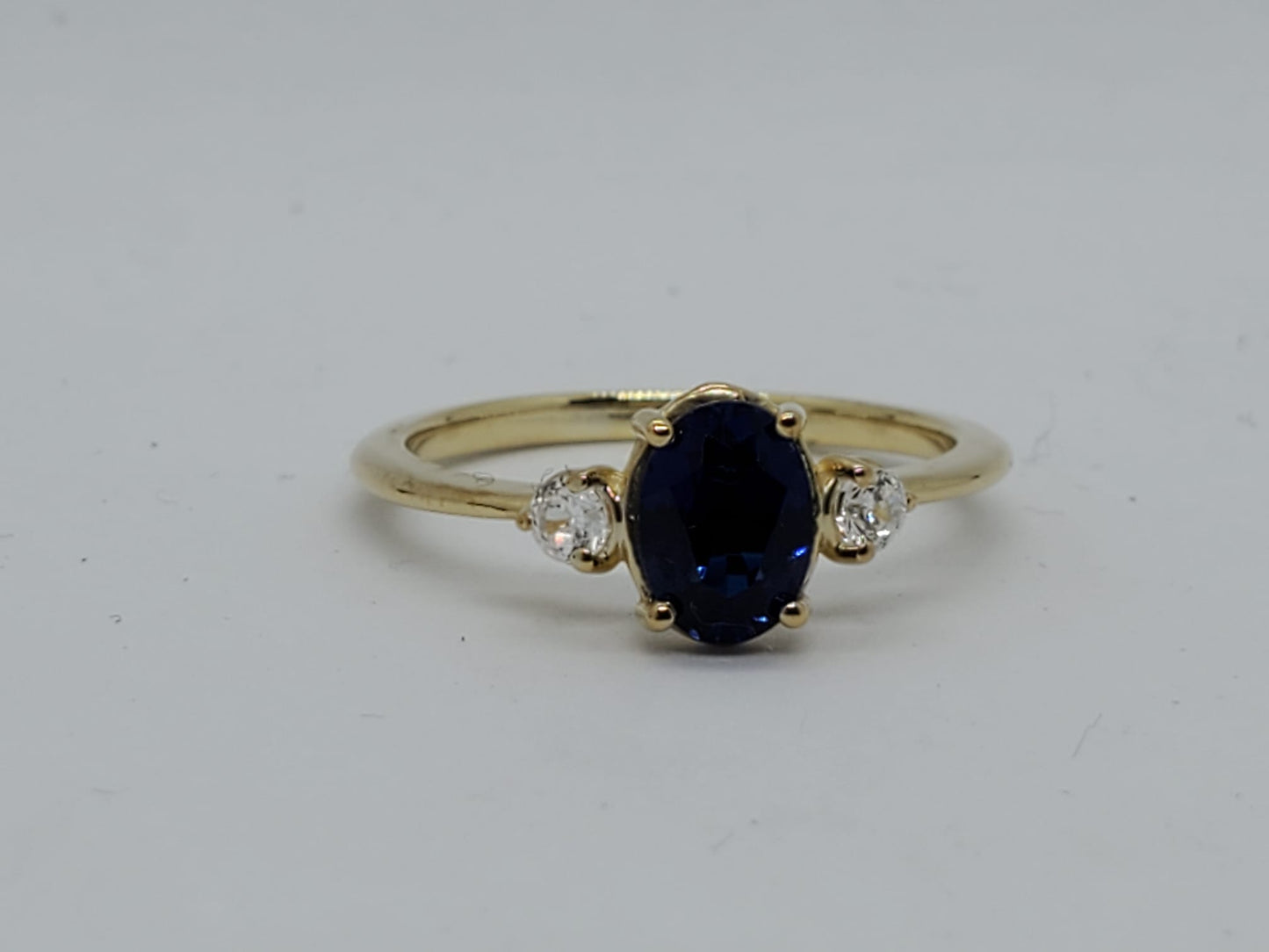 14K Yellow Gold Band Ring with SAPPHIRE and 2 Diamonds, Stone Mounted 4 Pron