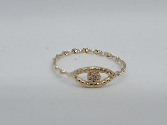 14k twist style yellow band ring with a lucky eye design, 1 Diamond 1.5mm